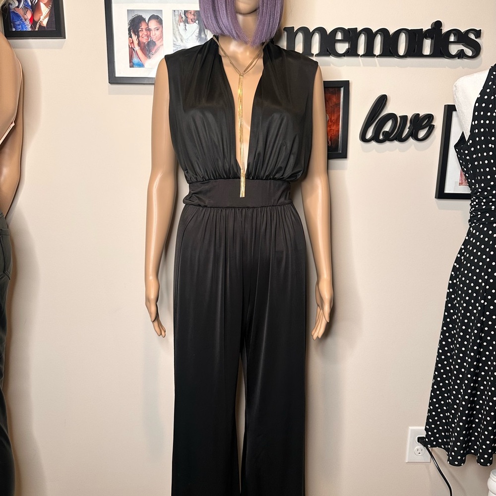 Black Deep V Jumpsuit Women Size M Bodycon Party Clubwear Sexy One Piece